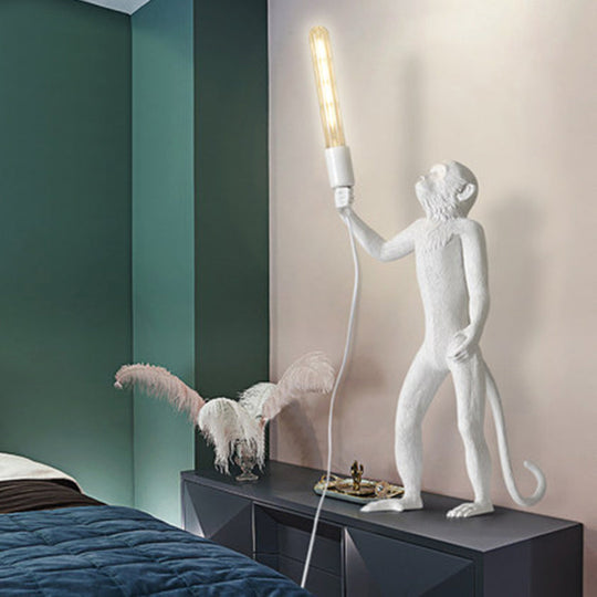 Art Deco 1-Head White Monkey Table Lamp - Stylish Resin Nightstand Light with Unique Shadeless Design