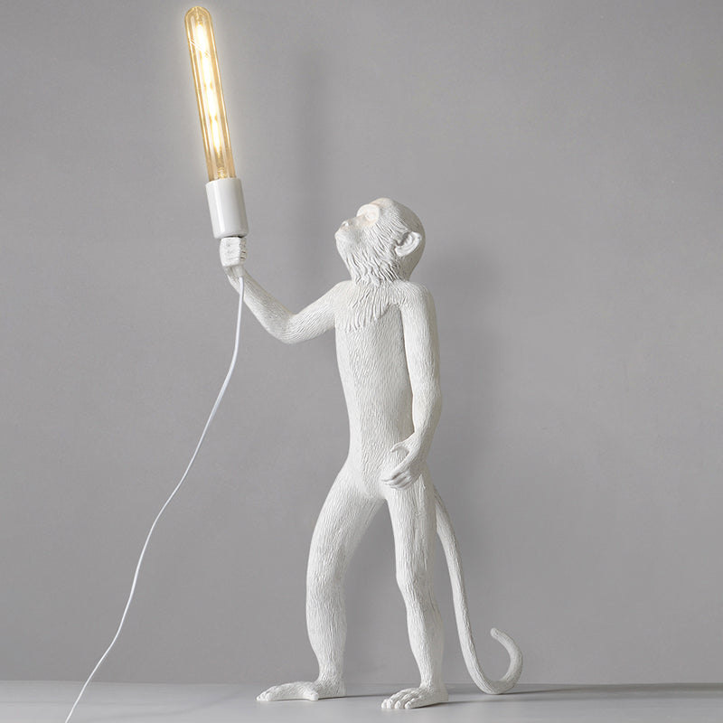 Art Deco 1-Head White Monkey Table Lamp - Stylish Resin Nightstand Light with Unique Shadeless Design