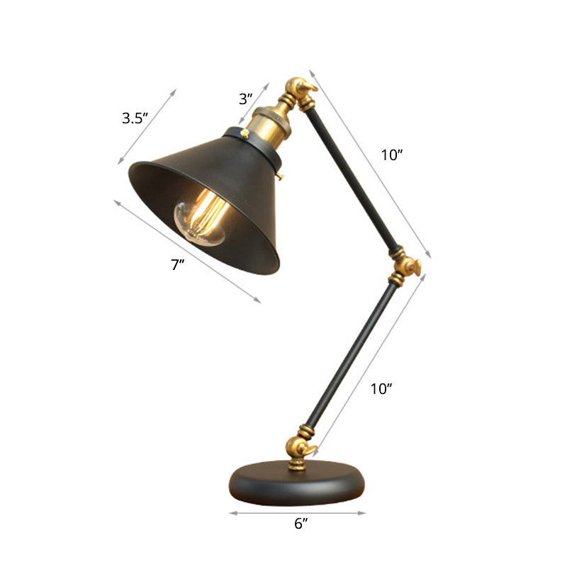 Industrial Metal Swing Arm Table Lamp with Shade – Black Finish, 3-Joint Task Light for Bedroom