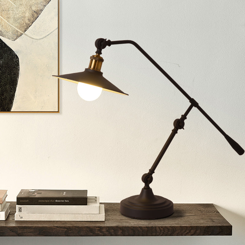 Industrial Matte Black Metal Table Lamp with Balance Arm - Single Wide Flared Reading Light