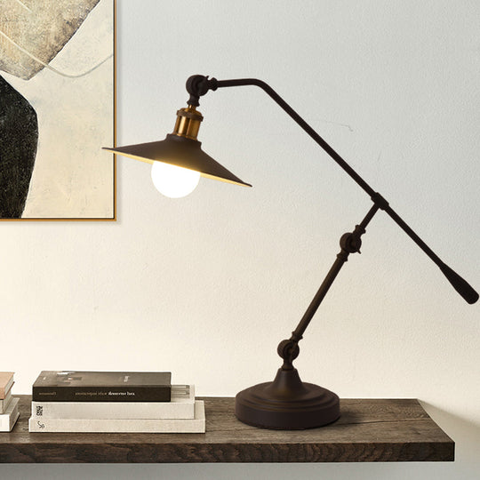 Industrial Matte Black Metal Table Lamp with Balance Arm - Single Wide Flared Reading Light
