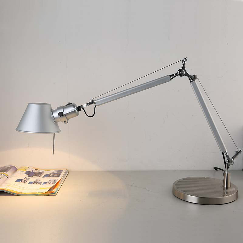 Industrial Telescopic Table Lamp: Silver Metal Reading Light with Tapered Shade