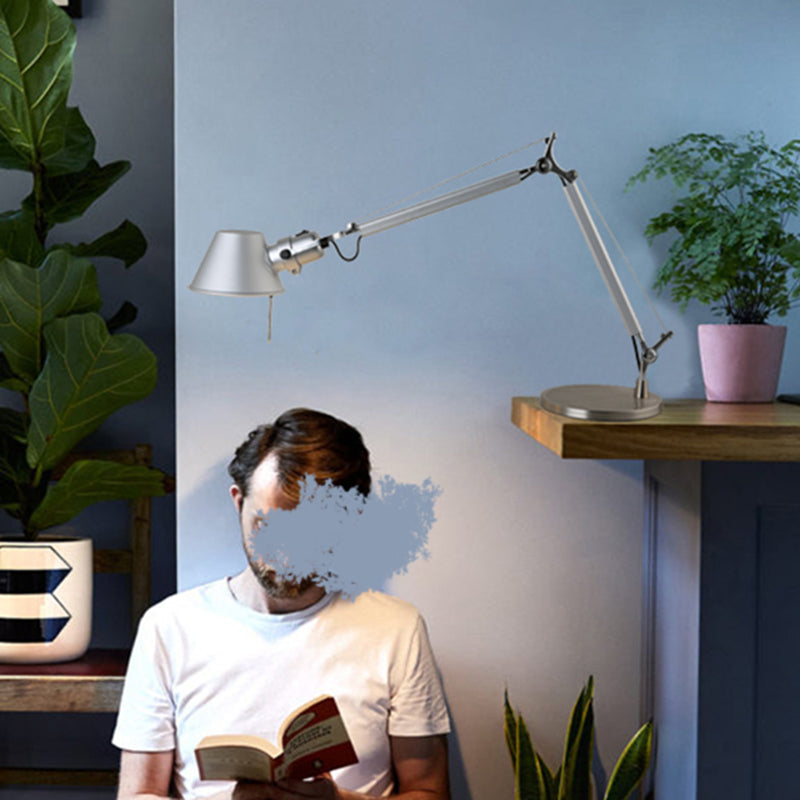Industrial Telescopic Table Lamp: Silver Metal Reading Light with Tapered Shade
