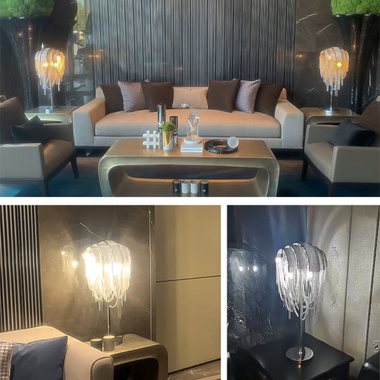 Hand-Woven Aluminum Chain Tassel Accent Lamp - 2-Light Silver Table Light for Living Room