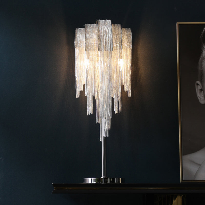 Hand-Woven Aluminum Chain Tassel Accent Lamp - 2-Light Silver Table Light for Living Room