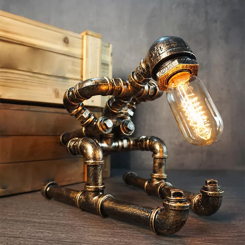 Iron Pipe Art Night Lamp - Industrial Table Light in Bronze for Boys Room