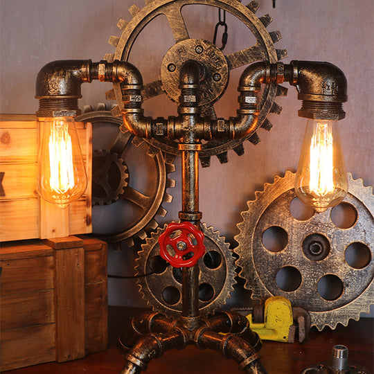 Steampunk Style Water Pipe Table Lamp, Metal Antiqued Bronze Nightstand Light