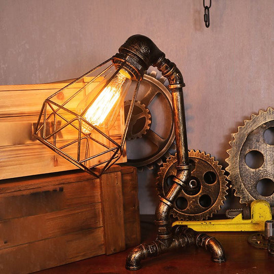 Steampunk Style Water Pipe Table Lamp, Metal Antiqued Bronze Nightstand Light