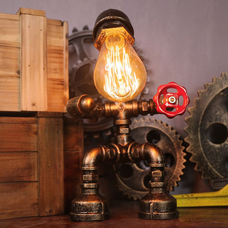 Steampunk Style Water Pipe Table Lamp, Metal Antiqued Bronze Nightstand Light