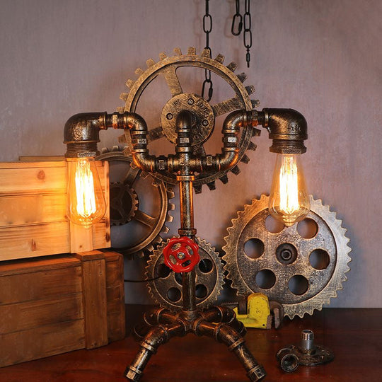 Steampunk Style Water Pipe Table Lamp, Metal Antiqued Bronze Nightstand Light