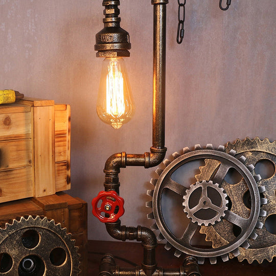 Steampunk Style Water Pipe Table Lamp, Metal Antiqued Bronze Nightstand Light