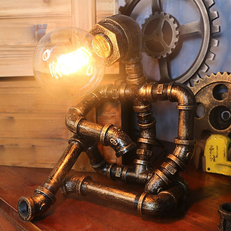 Steampunk Style Water Pipe Table Lamp, Metal Antiqued Bronze Nightstand Light