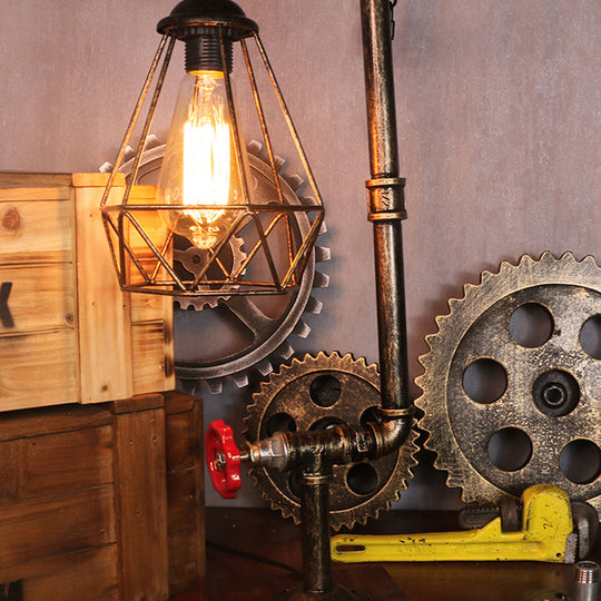 Steampunk Style Water Pipe Table Lamp, Metal Antiqued Bronze Nightstand Light