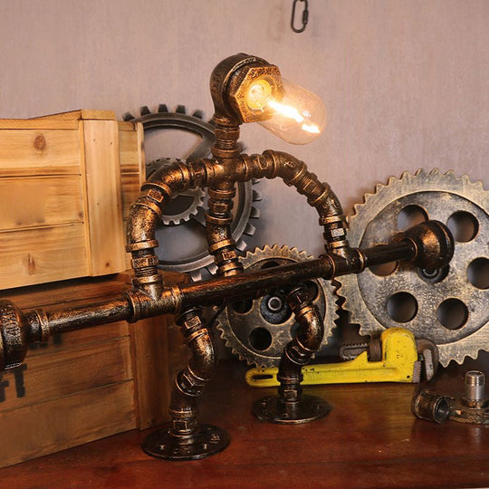 Steampunk Style Water Pipe Table Lamp, Metal Antiqued Bronze Nightstand Light