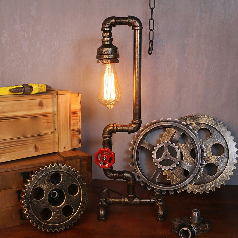 Steampunk Style Water Pipe Table Lamp, Metal Antiqued Bronze Nightstand Light