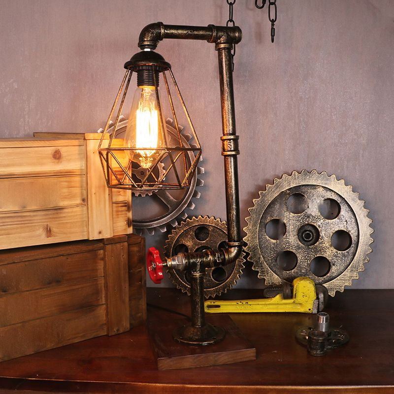 Steampunk Style Water Pipe Table Lamp, Metal Antiqued Bronze Nightstand Light