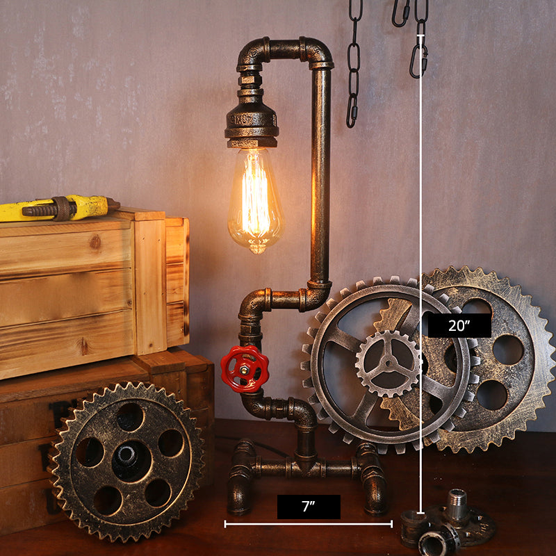 Steampunk Style Water Pipe Table Lamp, Metal Antiqued Bronze Nightstand Light