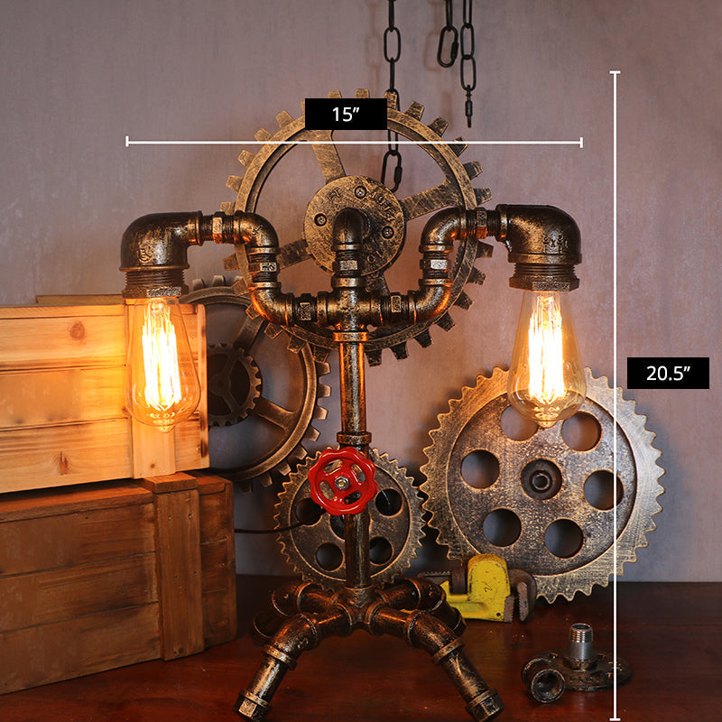 Steampunk Style Water Pipe Table Lamp, Metal Antiqued Bronze Nightstand Light