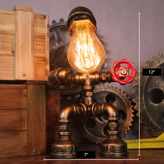 Steampunk Style Water Pipe Table Lamp, Metal Antiqued Bronze Nightstand Light