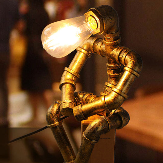 Industrial Pipe Style Night Light Table Lamp, Wrought Iron Accent in Bronze