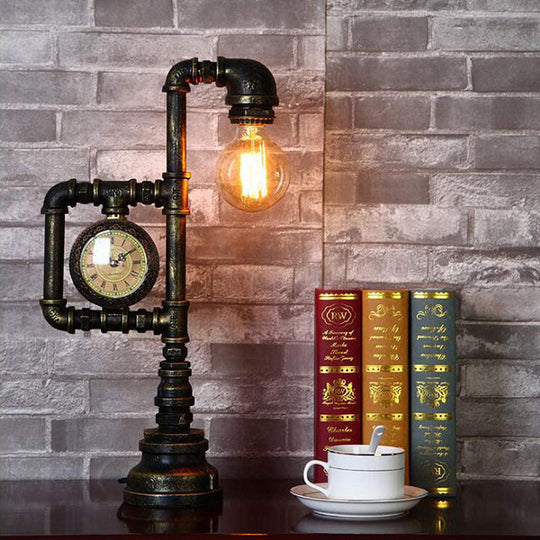 Industrial Metal Nightstand Lamp - Pipe and Clock Bedroom Table Light with 1 Bronze Head
