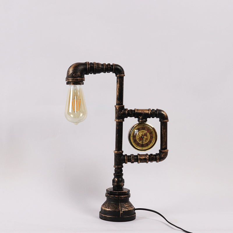 Industrial Metal Nightstand Lamp - Pipe and Clock Bedroom Table Light with 1 Bronze Head