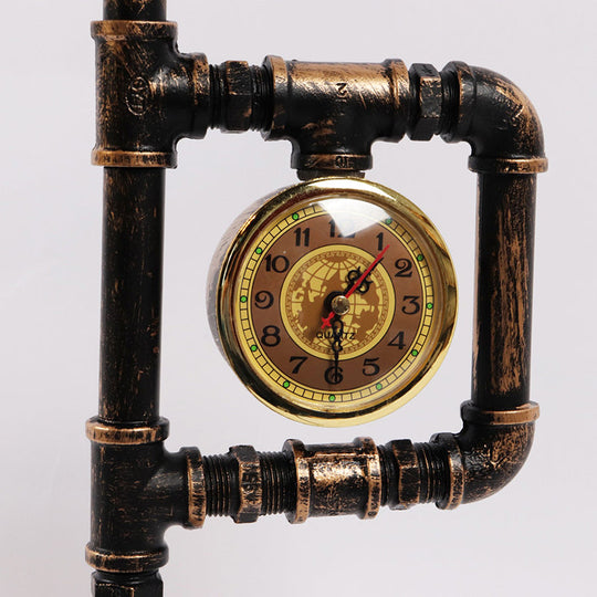 Industrial Metal Nightstand Lamp - Pipe and Clock Bedroom Table Light with 1 Bronze Head