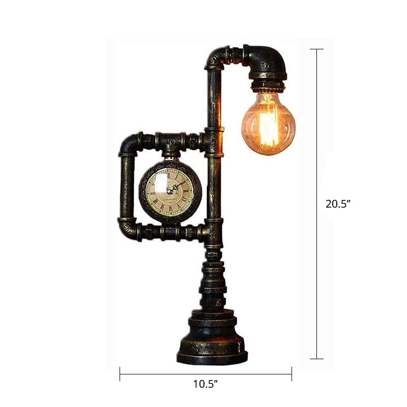 Industrial Metal Nightstand Lamp - Pipe and Clock Bedroom Table Light with 1 Bronze Head