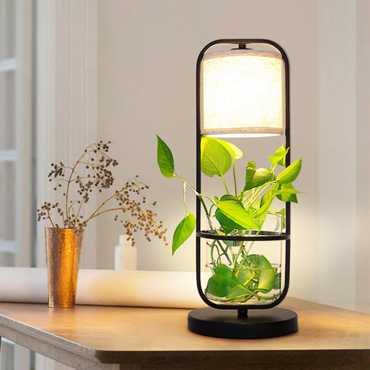 Art Deco 1-Bulb Black Fabric Table Light, Cylindrical Night Lamp with Clear Glass Jar