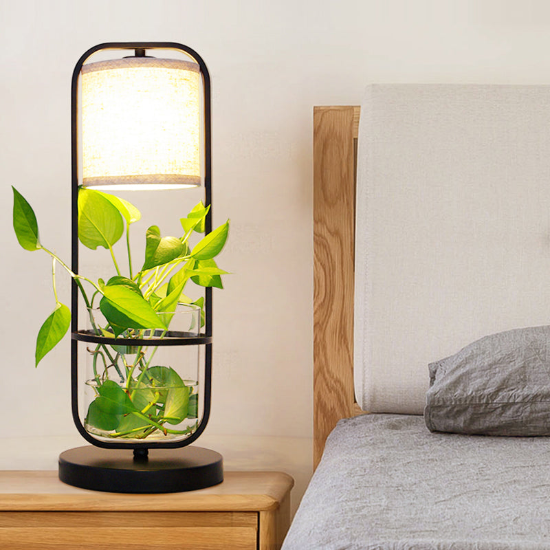 Art Deco 1-Bulb Black Fabric Table Light, Cylindrical Night Lamp with Clear Glass Jar