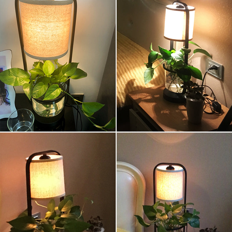 Art Deco 1-Bulb Black Fabric Table Light, Cylindrical Night Lamp with Clear Glass Jar