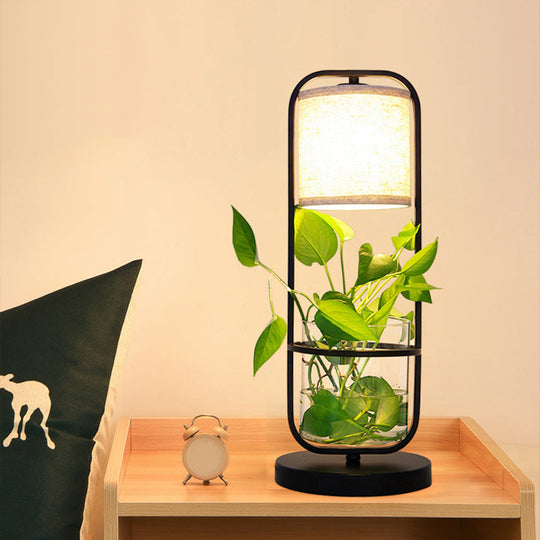 Art Deco 1-Bulb Black Fabric Table Light, Cylindrical Night Lamp with Clear Glass Jar