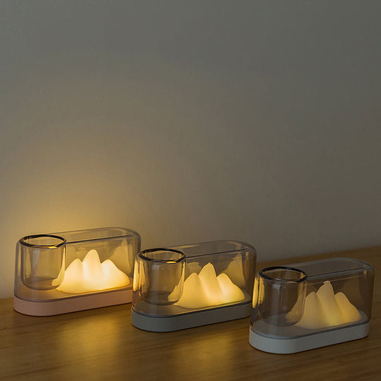 Rechargeable LED Table Lamp: Plastic Mountain Night Light with Artistic Oval Cover and Storage Cup