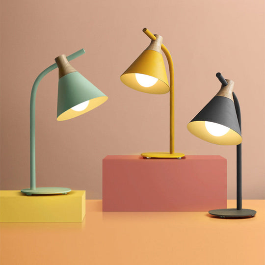 Metal Conical Table Lamp - Macaron Single-Bulb Nightstand Light with Bend Arm for Bedroom