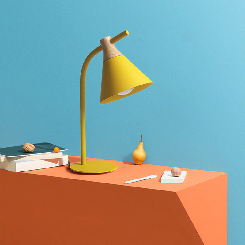 Metal Conical Table Lamp - Macaron Single-Bulb Nightstand Light with Bend Arm for Bedroom