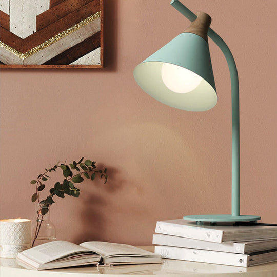 Metal Conical Table Lamp - Macaron Single-Bulb Nightstand Light with Bend Arm for Bedroom