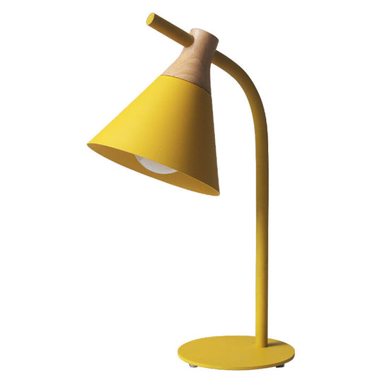 Metal Conical Table Lamp - Macaron Single-Bulb Nightstand Light with Bend Arm for Bedroom