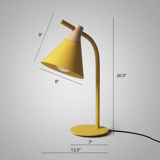 Metal Conical Table Lamp - Macaron Single-Bulb Nightstand Light with Bend Arm for Bedroom