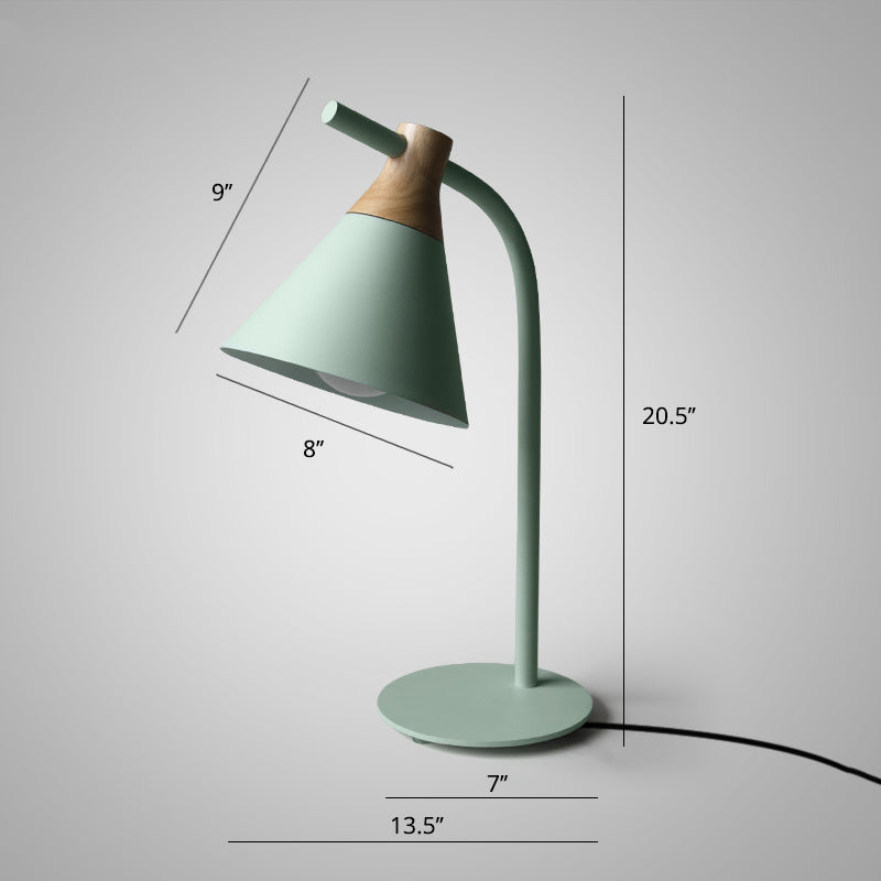 Metal Conical Table Lamp - Macaron Single-Bulb Nightstand Light with Bend Arm for Bedroom