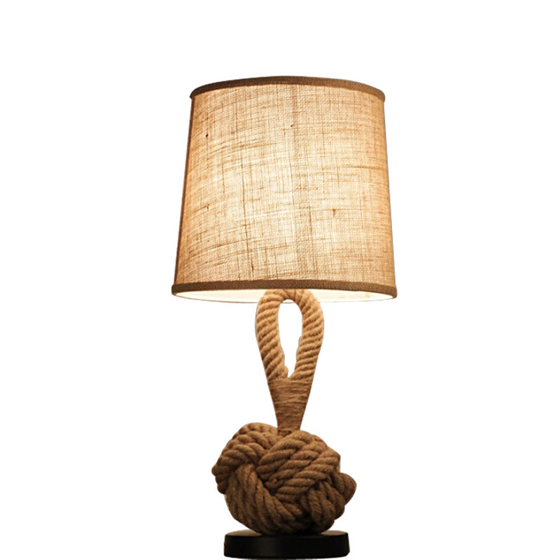 Rustic Flaxen Fabric Night Lamp with Twisted Rope Base - 1-Bulb Bucket Shade Table Light