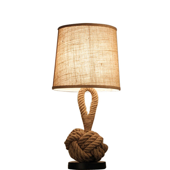 Rustic Flaxen Fabric Night Lamp with Twisted Rope Base - 1-Bulb Bucket Shade Table Light
