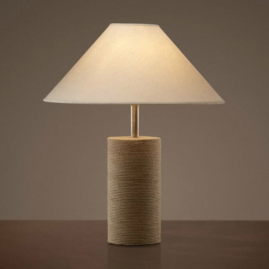 Country Style Fabric Empire Shade Table Lamp: 1-Light Night Light with Rope Pedestal in Flaxen