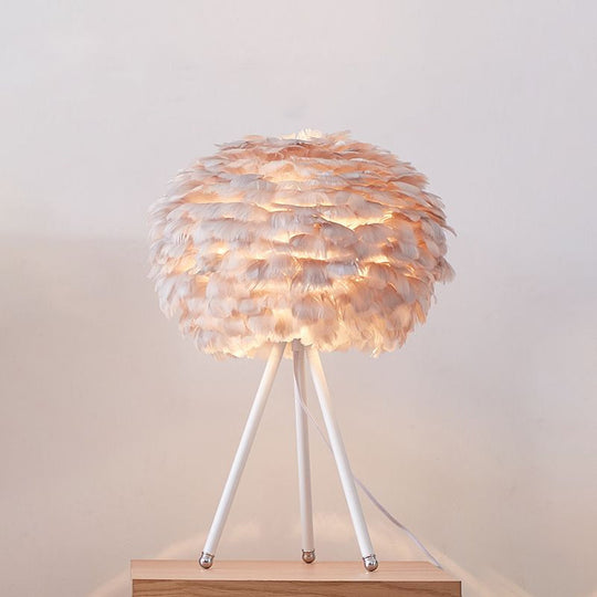 Nordic Style Feather Table Lamp - Spherical Accent Nightstand Light for Living Room