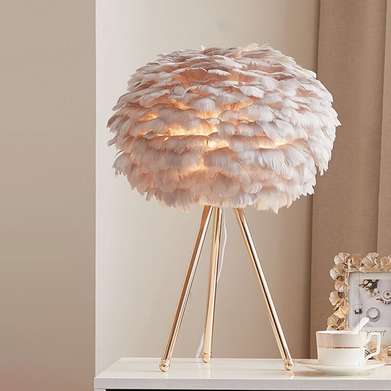 Nordic Style Feather Table Lamp - Spherical Accent Nightstand Light for Living Room