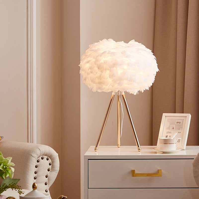 Nordic Goose Feather Sphere Table Lamp with Tripod Stand - Stylish 1-Bulb Night Stand Light
