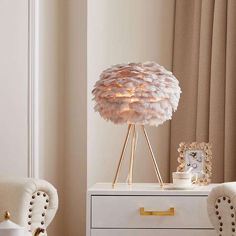 Nordic Goose Feather Sphere Table Lamp with Tripod Stand - Stylish 1-Bulb Night Stand Light