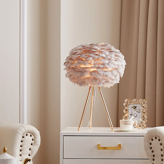 Nordic Goose Feather Sphere Table Lamp with Tripod Stand - Stylish 1-Bulb Night Stand Light