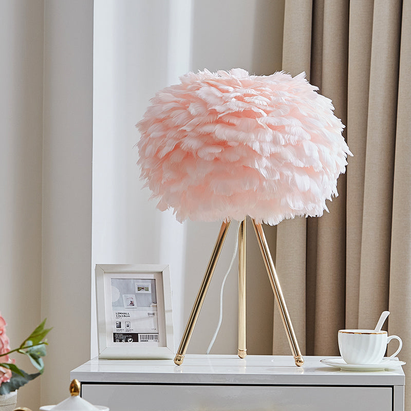 Nordic Goose Feather Sphere Table Lamp with Tripod Stand - Stylish 1-Bulb Night Stand Light