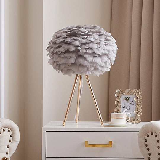 Nordic Goose Feather Sphere Table Lamp with Tripod Stand - Stylish 1-Bulb Night Stand Light
