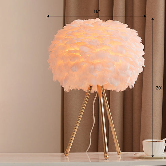 Nordic Goose Feather Sphere Table Lamp with Tripod Stand - Stylish 1-Bulb Night Stand Light